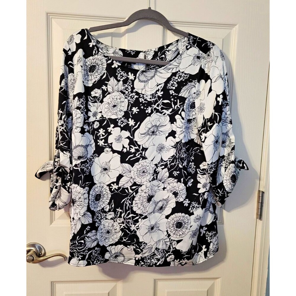 Talbots Black White Floral Tie-Sleeve Blouse XLP Petite Crepe Keyhole Top